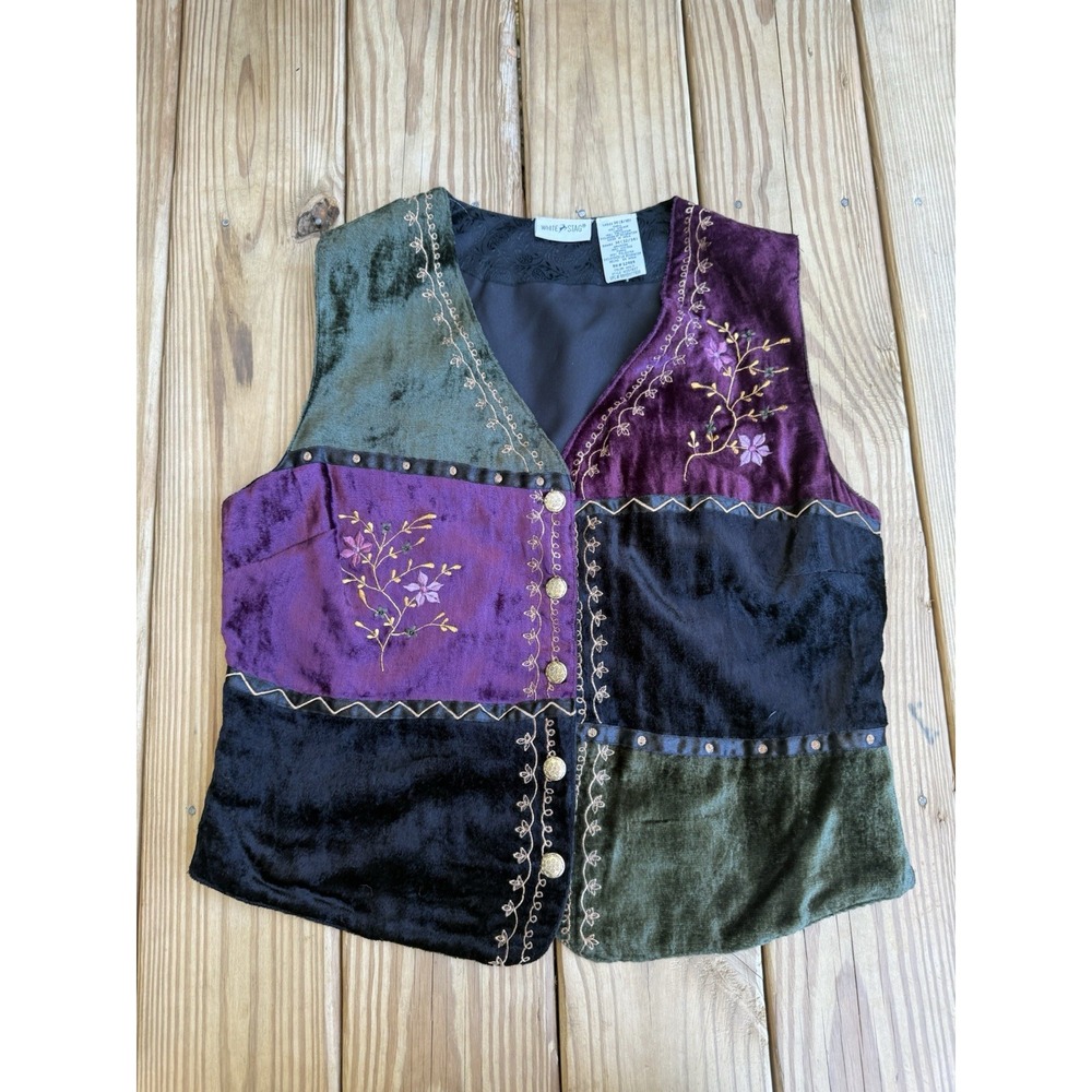VTG 90s Womens Whimsigoth Patchwork Velvet Floral Button Top Vest Sz Medium